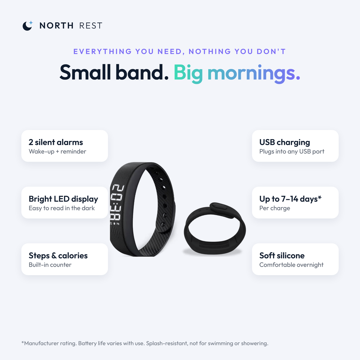 DawnBand features: 2 silent alarms, LED display, steps, USB charging